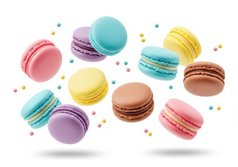 Obraz premium Assorted colorful macarons isolated on white background, delicious treat