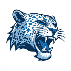 Vibrant Roaring Blue Leopard Head Illustration on White Background for Fierce Wildlife Branding and Merchandise.