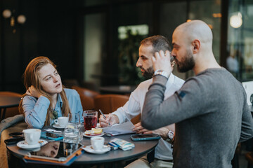 People engage in a meaningful conversation over coffee and documents at a stylish, contemporary cafe, highlighting collaboration, professional interaction, and a relaxed yet productive atmosphere.