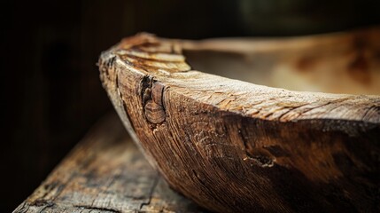 Closeup of carved wooden bowl with dramatic light showing handcrafted texture and organic surface detail