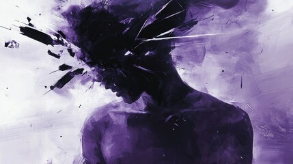 Abstract portrait of a man with exploding head in purple and white
