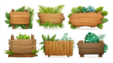A 4K photo of cartoon Wooden Signs & Tropical Plants on white background.