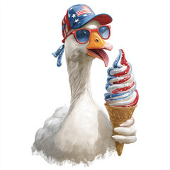 Funny Goose Cartoon with Patriotic Hat and Colorful Ice Cream - 4th of July Celebration Fun