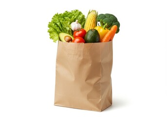 Paper bag full of fresh vegetables isolated on white background
