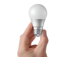A human hand carefully holds a modern LED light bulb with a frosted white sphere against a plain white background in a studio shot, ready for installation.