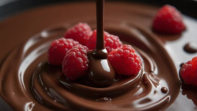 Rich chocolate sauce being drizzled over fresh raspberries  