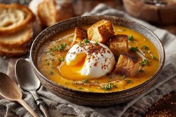 Bowl of Sopa de Ajo, Spanish garlic soup topped with croutons, cozy setting on wooden table. Concept of warmth, comfort featuring Sopa de Ajo, rich flavors in rustic style.