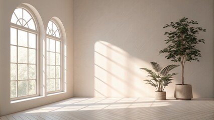 Fototapeta premium Bright Minimalist Room with Arch Windows and Plants, Interior , Design