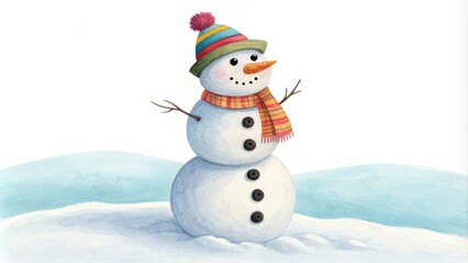 Fototapeta premium Cheerful Snowman Watercolor Painting with Colorful Hat and Scarf, Winter , Illustration