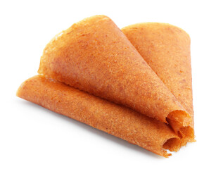Delicious fruit leather rolls isolated on white