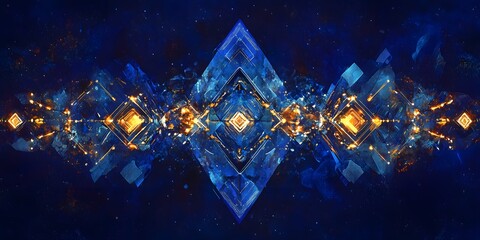 Naklejka premium Symmetrical design of abstract shapes in shades of blue and gold.