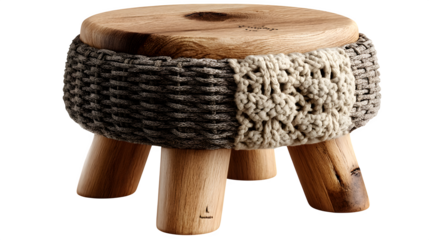 A rustic wooden stool with woven rattan details, adding warmth to interior design themes, shown on white --ar 16:9 --v 7.0 --s 750