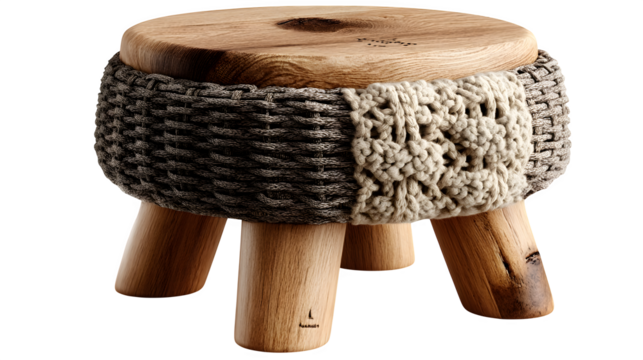 A rustic wooden stool with woven rattan details, adding warmth to interior design themes, shown on white --ar 16:9 --v 7.0 --s 750