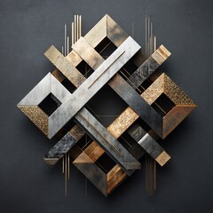 Geometric assemblage of metallic rectangles and squares on matte backdrop