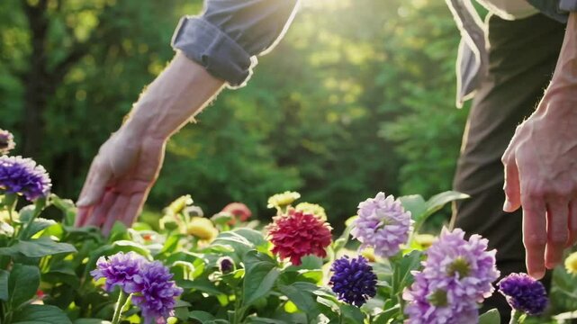 Close-up video of hands tending colorful flowers in a garden, captured from a low angle, emphasizing care and nature's beauty.