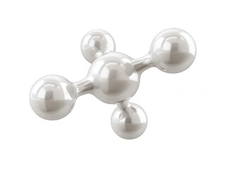 A silver molecular structure with five connected spheres floats against a clean white background, suggesting science, technology, and innovation with its design.