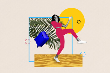 Composite trendy magazine photo collage of happy girl walk sand beach carry suitcase palm tree...