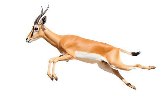 A sleek and graceful antelope, captured mid-leap, its body streamlined against a white background - Powered by Adobe