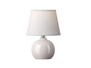 A white ceramic table lamp with a cone shaped lampshade is illuminated on a bright white background creating soft, ambient lighting in a clean presentation.