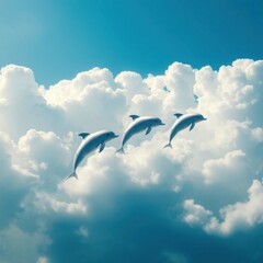 Dolphins Leaping in the Sky, Surreal Ocean and Cloud Scene, Creative Dolphin Illustration, Fantasy Marine Life, Dreamlike Sky Art