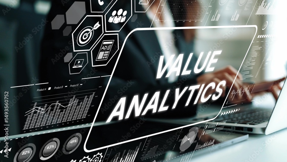 Fototapete data analysis concept with value analytics text overlay and business graphics in background. asympto