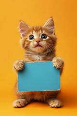 Isolated baby feline on a solid outfit bright orange background. Cat banner image. Animal looking friendly. Ð¡ute cat kurilian bobtail hold in front paws a prototype - large blue way sign.