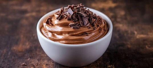 A rich chocolate mousse topped with chocolate shavings