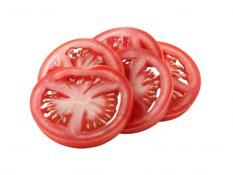 Five vibrant red tomato slices arranged overlapping on a pure white background showcasing their fresh texture and natural beauty in a simple still life composition.