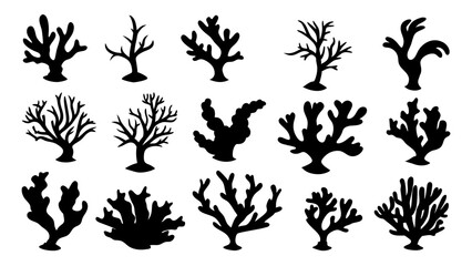 Seaweed silhouettes, coral black icon. Abstract organic shape, underwater plant, matisse element, cute sea doodle.