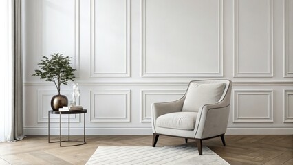 Elegant Armchair, White Wall Paneling Interior, minimal ,furniture