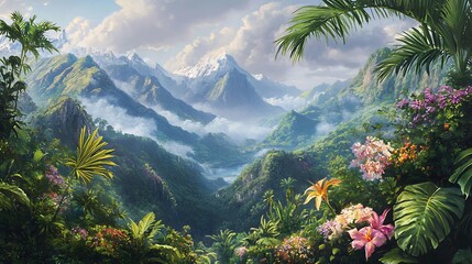 Lush tropical valley nestled between snow-capped peaks.
