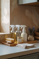 Sustainable Home & Cleaning: Natural DIY Products, Wooden Brush, and Lavender on Organized Countertop