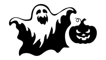 Silhouette of halloween ghost holding a jack-o-lantern pumpkin
