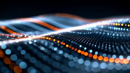 Wavy network of glowing blue and orange dots against a dark background