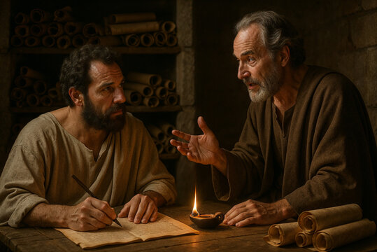 Early Church Fathers Debating Scripture in Ancient Study Room