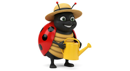 Obraz premium A delightful cartoon ladybug with a straw hat, holding a yellow watering can, ready for gardening.