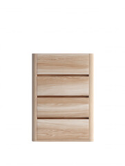 A simple light wood chest of drawers with four closed drawers stands against a plain white background in a clean and minimalist studio shot for furniture catalog.