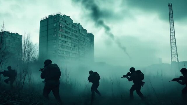Armed Soldiers Advancing in Formation Through Foggy Post-War Cityscape