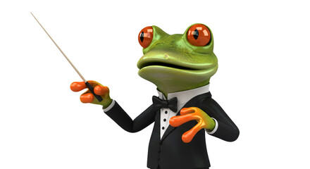 Fototapeta premium A dapper cartoon frog, elegantly attired, conducting an orchestra with a baton in hand.