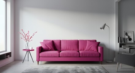Magenta Sofa in Minimalist Home Interior with Monochromatic Style Red Flower Vase Grey Carpet White Walls