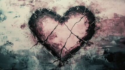 Abstract painting of a broken heart on a distressed background