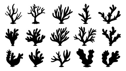 Seaweed silhouettes, coral black icon. Abstract organic shape, underwater plant, matisse element, cute sea doodle.