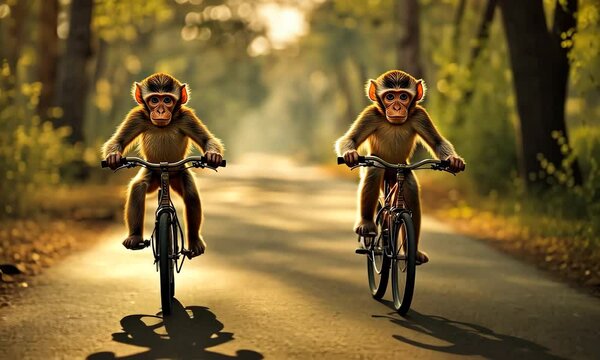 Monkeys riding bikes on forest road