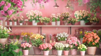 Fototapeta premium Soft-focus floral shop interior with pastel hues and gentle lighting.