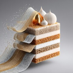 Conceptualized layered structure with shimmering bands and spherical ornamentation
