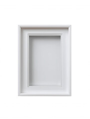 A clean white rectangular frame with a recessed inner border casts a subtle shadow creating depth against a pristine white background offe visual simplicity.