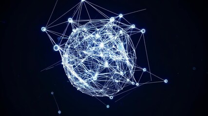 Digital plexus sphere pulsing, rotating dynamically, revealing intricate geometric network connections against dark minimalist backdrop, representing technological data flow