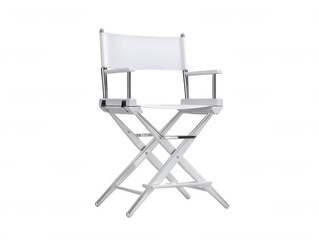 A bright white director's chair with a folding frame and armrests stands in a studio, isolated against a plain background emphasizing its simple design and form.
