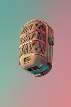 Classic analog dictation recorder hovering on raspberry and mint gradient
