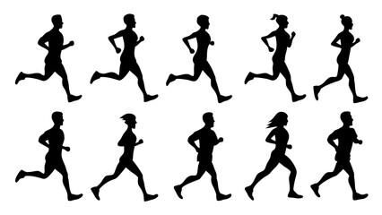 set of running people silhouette vector on tranparent background.